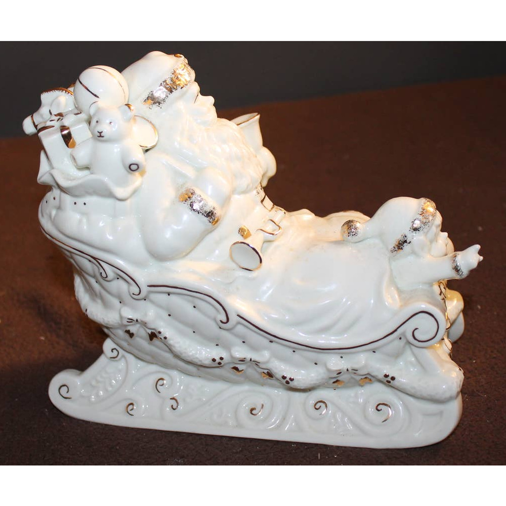 Vintage Porcelain Santa Sleigh w/ Elves Toys White Gold Tone Imperial Collection